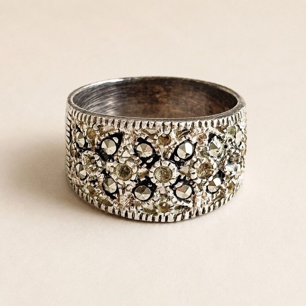Sterling Silver 925 Marcasite Floral Wide Band Statement Ring Size 8.5